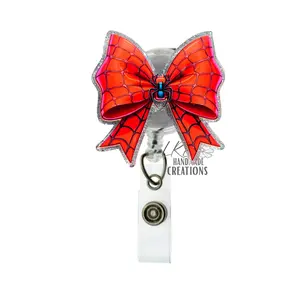 Spider Bow Badge Reel – Superhero Inspired Acrylic Retractable ID Holder, Fun Comic Style Badge Clip for Nurses, Teachers, Medical Staff, Office & Healthcare Workers, Cute & Durable Badge Accessory
