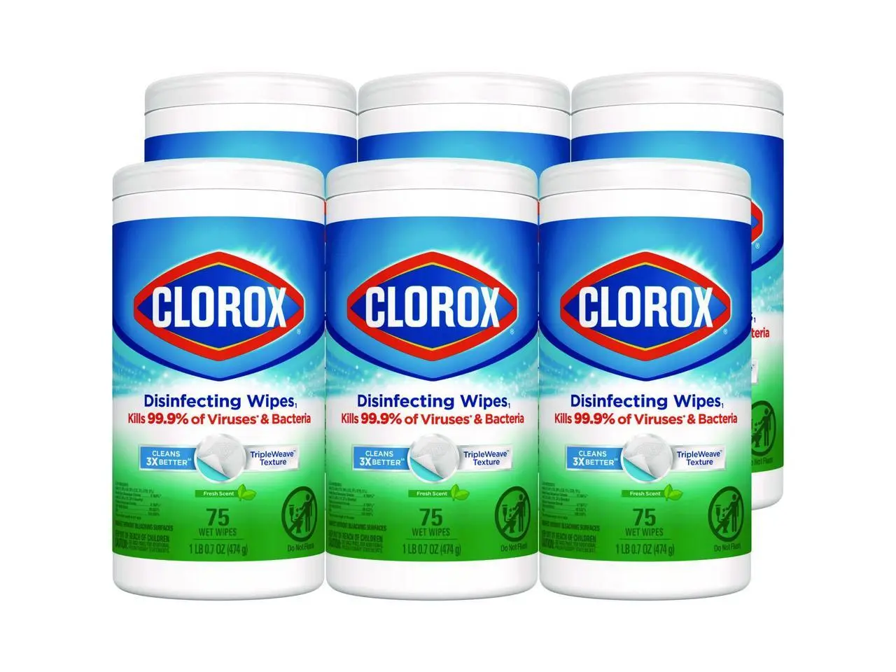 Clorox Disinfecting Wipes, 7 x 8, Fresh Scent, 75/Canister x 6 Clorox Disinfecting Wipes, 7 x 8, Fresh Scent, 75/Canister x 6