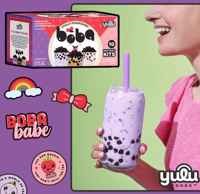 Boba Bundle Kit 10 Serv. Instant Bubble Pearl Variety Milk Tea Kit with Authentic Brown Sugar Tapioca Pearls by Yulu Foods - Ready in Under 1 Minute, Includes Paper Straws - Gift Box, Holiday (Classic, Taro and Strawberry)