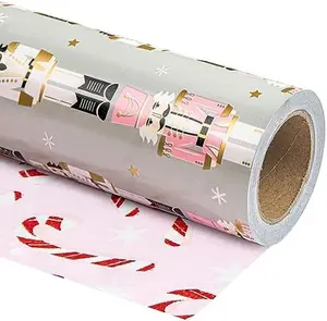 Reversible Nutcracker Christmas Wrapping Paper - Mini Roll - 17 Inch x 33 Feet - Nutcracker and Candy Cane Design Printed on Pearlized Paper for Chrsitmas, Holiday, Party Celebration