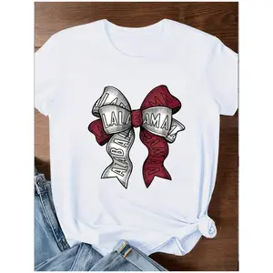 Dark Red Alabama Bow Design Women's Comfortable T-Shirt, Pure Cotton, Casual Crew Neck, Great For Leisurely Walks And Outdoor Fun.