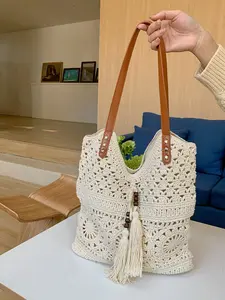 2026 New Hollow Net Tote Bag for Beach Vacation, Large Capacity Women's Shoulder Bag, Stylish Cotton Knit Woven Handbag