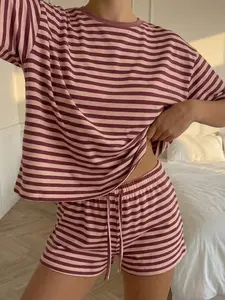 Summer Loose-Fit Comfortable Short Sleeve Set, Striped Pattern, Two-Piece, Everyday Womenswear, Ideal for Casual Wear, Perfect for Warm Weather