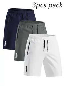 3 Piece Men's Solid Colour Shorts with Zip Pockets, Elastic Waistband Drawstring Shorts for Summer Outdoor Fitness, Leisure and Home Décor