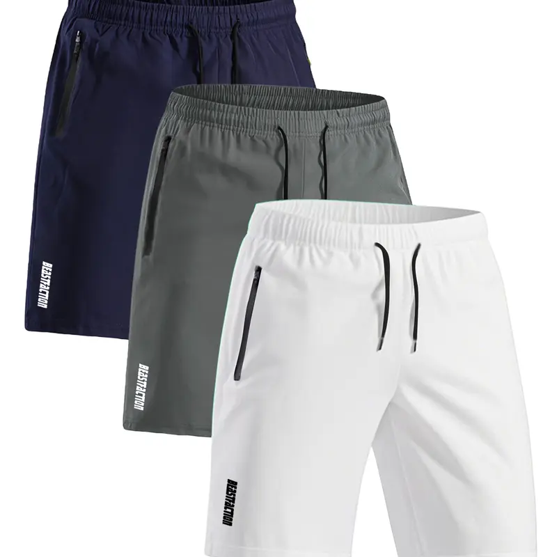 Men's 3-Pack Basic Solid Color Clean Look Casual Athletic Shorts - Activewear with Multi-Pocket, Zip Pockets, Adjustable Drawstring Closure for Summer Fitness, Leisure