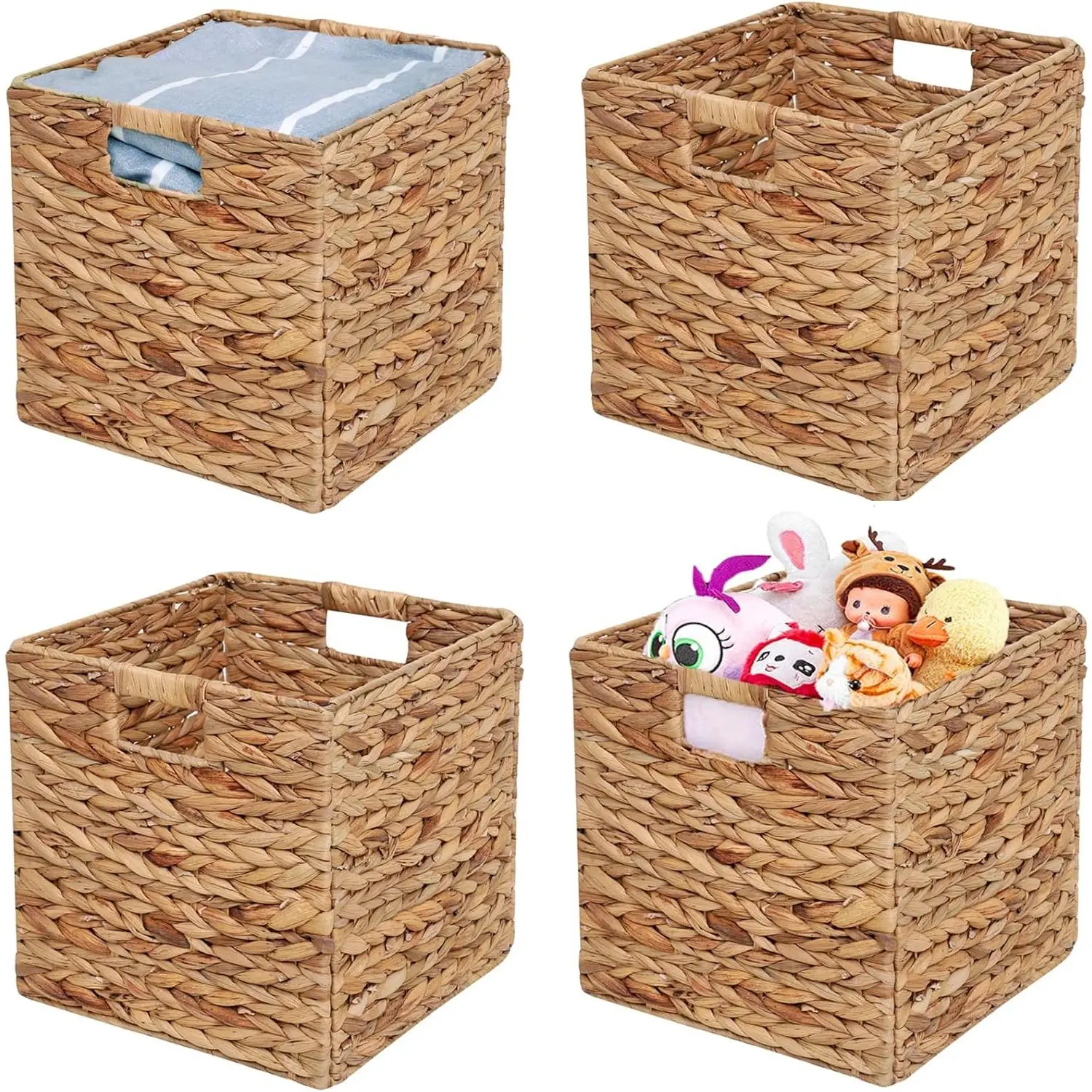 Foldable Handwoven Wicker Water Hyacinth Storage Baskets with Compartment, 11x11x11in Set of 4, Christmas Gift for Home Organiser Laundry Organization