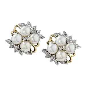 14K Gold & Sterling Silver Pearl & Natural Diamond Floral Earrings 0.10 Ct