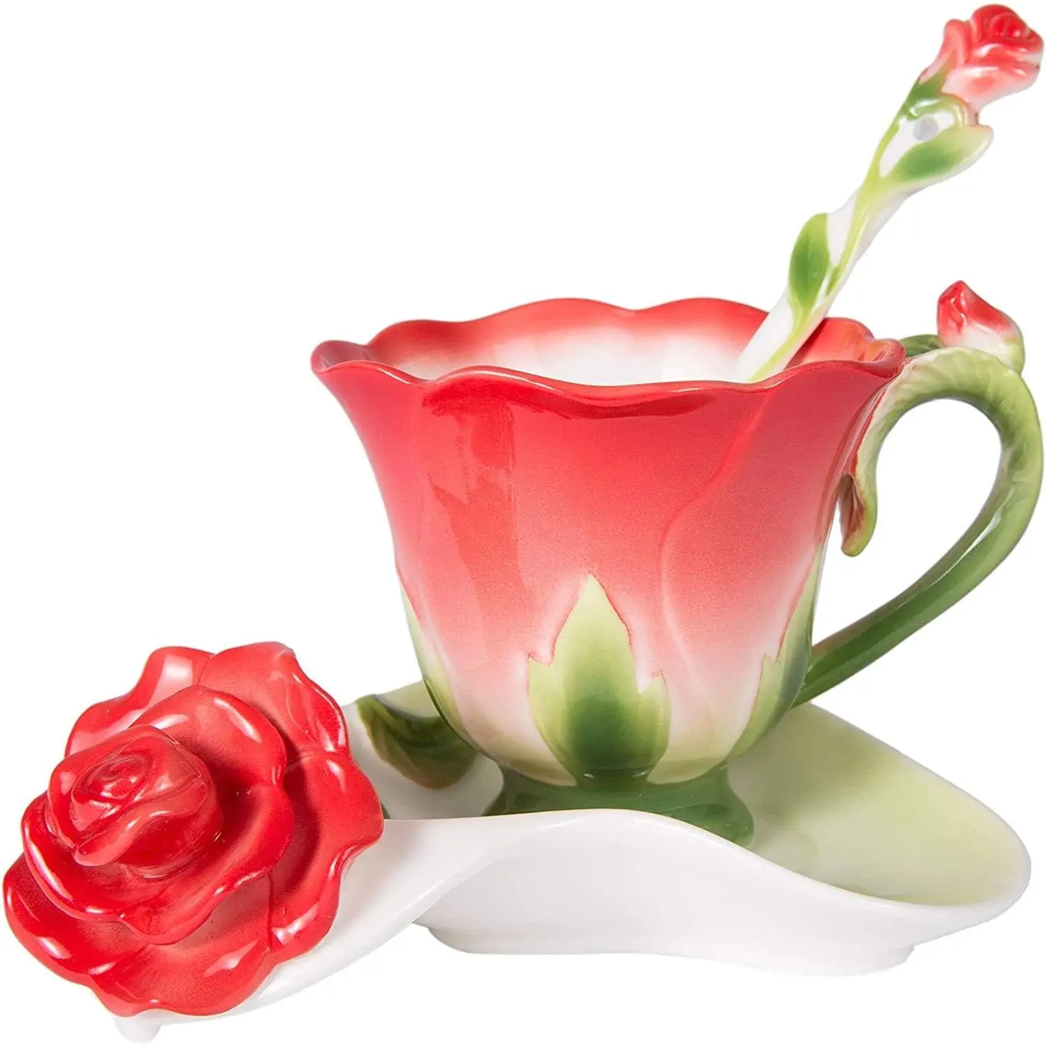 Painted Bone China 6 Oz (180ml) Rose-Shaped Tea Cup & Saucer Set with Mug and Spoon - Red & Pink Handicraft Kitchenware Cup for Mom, Mother's Day Gifting, Flower Shaped Tea Cup And Saucer