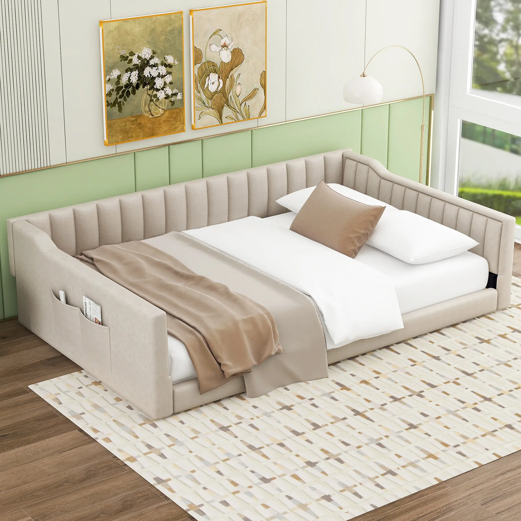 Full XL Size Upholstery Daybed Frame with Side Storage Pocket, Luxurious Velvet Fabric Sofabed Daybed Perfect for Living Rooms, Apartments, Studios