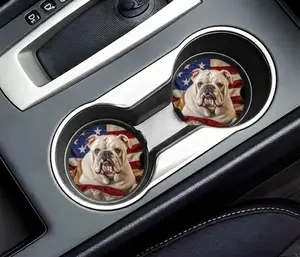 Bulldog American Flag Car Coaster Set, Patriotic Cup Holder Inserts for Auto Interior Decor