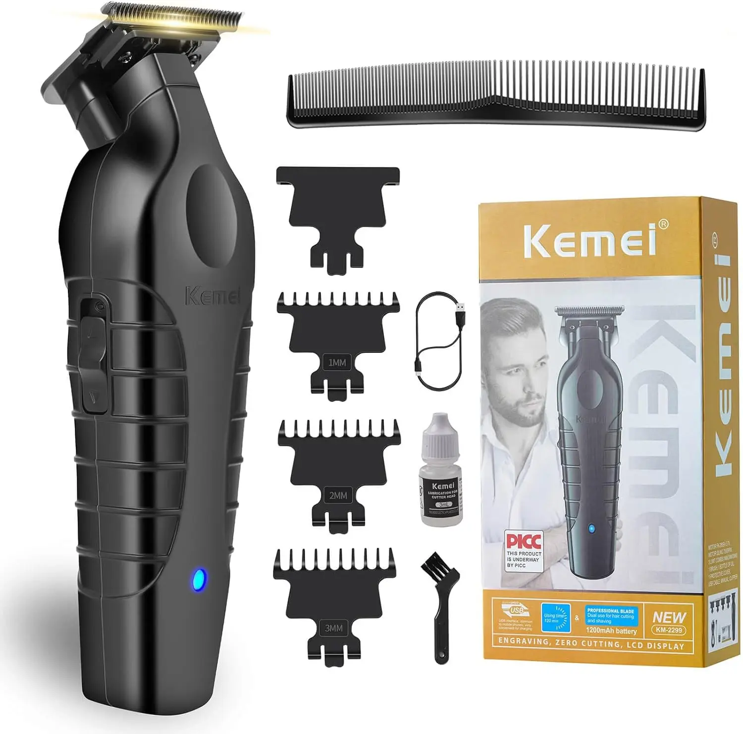 KEMEI 2299 Professional T-Blade Rechargeable Cordless Clippers for Men, Barber-Use Hair Cutters, Home Haircut Tool, Beard Style Groomer, Halloween Gift (Beard Hair Trimmers & Clippers)