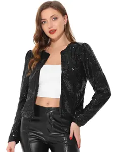 INSPIRE CHIC Long Sleeve Sparkly Crop Open Front Blazer Sequin Jacket