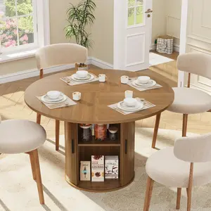 YJ-Garvee Modern Farmhouse 47-Inch Round Dining Table for 4-6，1 pcs – 2-Tier Storage Shelf – Sliding Wood Door – Striped Base – Versatile Kitchen & Dining Room Table – Walnut