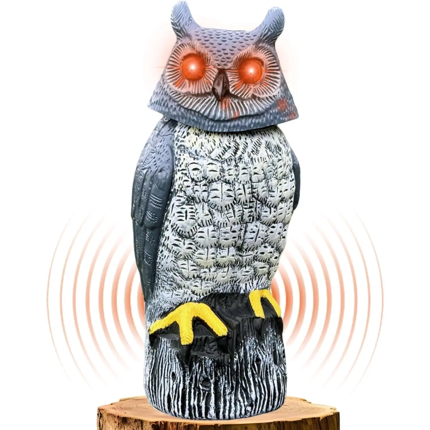 Hand-Painted Lifelike Plastic Garden Owl Statue (16.9"x6.8") - Solar Outdoor Lights, Motion Sensor, Rotating Head, Realistic Hoots, Silent Mode, LED Eyes, Gradient, Waterproof Cap, Great Guard & Decoration for Lawn, Patio