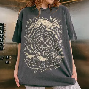 Comfort Colors Wolf and Stag Linocut TShirt, Norse Vegvisir Forest TShirt, Mystical Yin Yang Animal Tee, Viking Folk Art Pagan Symbolic Tee