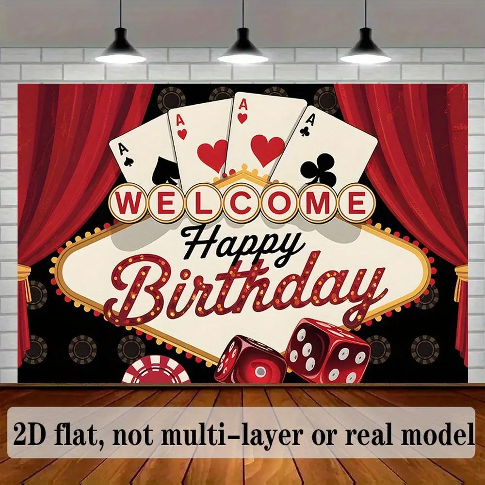 Modern Farmhouse Poker Print Birthday Banner - 1pc 2D Flat-Print Polyester Backdrop with Amber Glow, Playing Cards, Dice, Red Curtains for Birthday Party Decorations, Party Decoration Supplies
