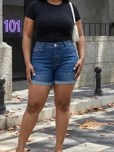 Women's High Elastic Slim Fit Butt Lifting Denim Shorts, Zipper Fly Mid Waist Short Jeans, Spring & Fall Fashion, Daily Casual Shorts