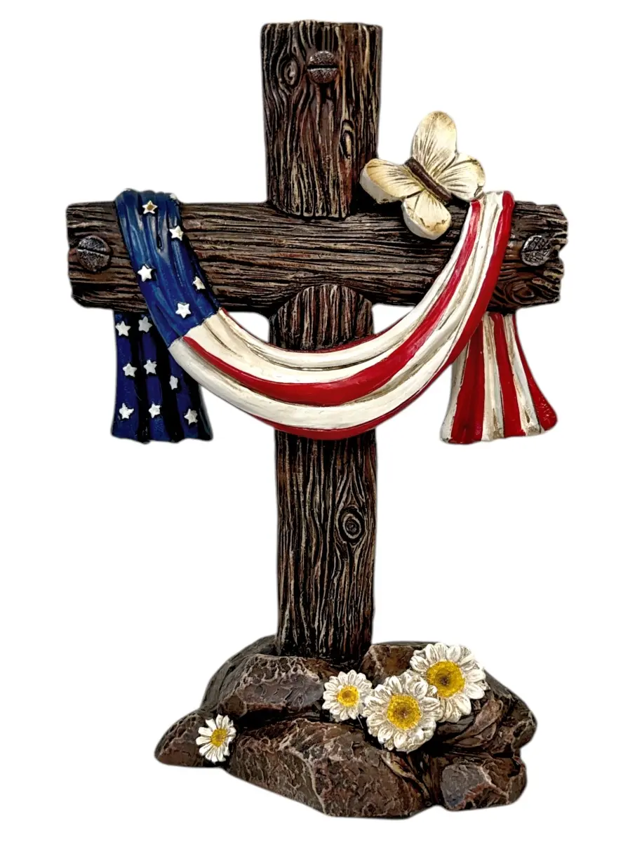 De Leon Collections 14896 Draped American Flag and Butterfly Religious Tabletop Cross