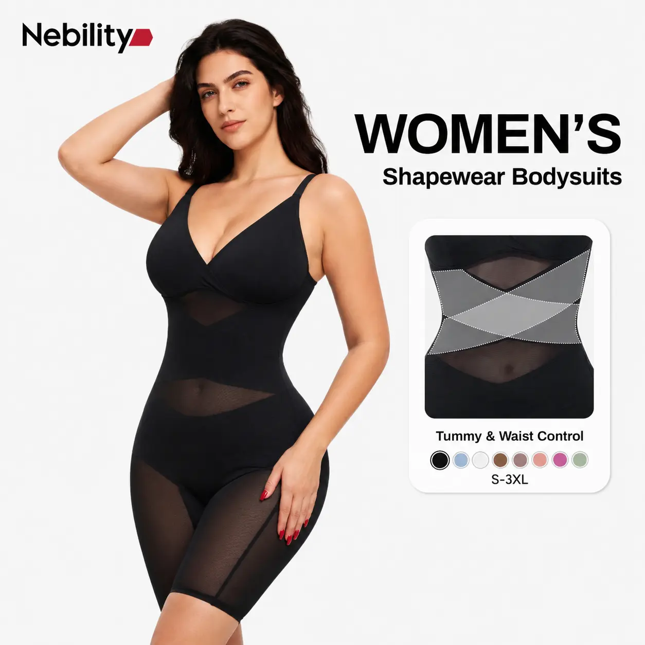 Nebility Women's V Neck Minimalist Comfortable Basic bodysuits shapewear mesh breathable sleeveless womenwear High Stretch Girdle Compression Womenswear