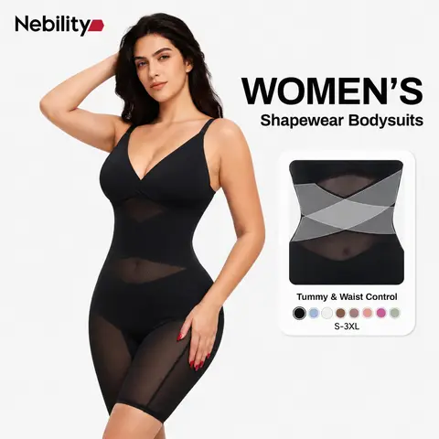Nebility Women's V Neck Minimalist Comfortable Basic bodysuits shapewear mesh breathable sleeveless womenwear High Stretch Girdle Compression Womenswear