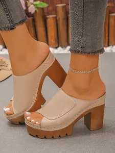 Women's Vintage Classic Leather Thick Sole Mule Sandals, Chunky Heel Fish Mouth Slip-On, British Style High Heel Slippers Footwear, Heeled Shoes