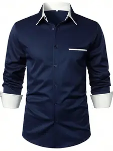 Men's Colorblock Long Sleeve Shirt, Button Front Design, Fitted Style, Contrast Binding, Pockets, Casual Wear, All Seasons, Button Up Shirt