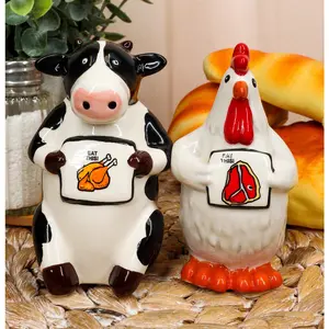Holstein Cow and Hen Holding Steak & Roast Chicken Sign Salt Pepper Shakers Set
