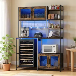 Loomie 71" Farmhouse Bakers Rack with Fridge Space and Power Outlet, Rustic Brown Kitchen Microwave Stand with Hooks and Mesh Doors, Tall Coffee Bar Cabinet for Kitchen Living Room