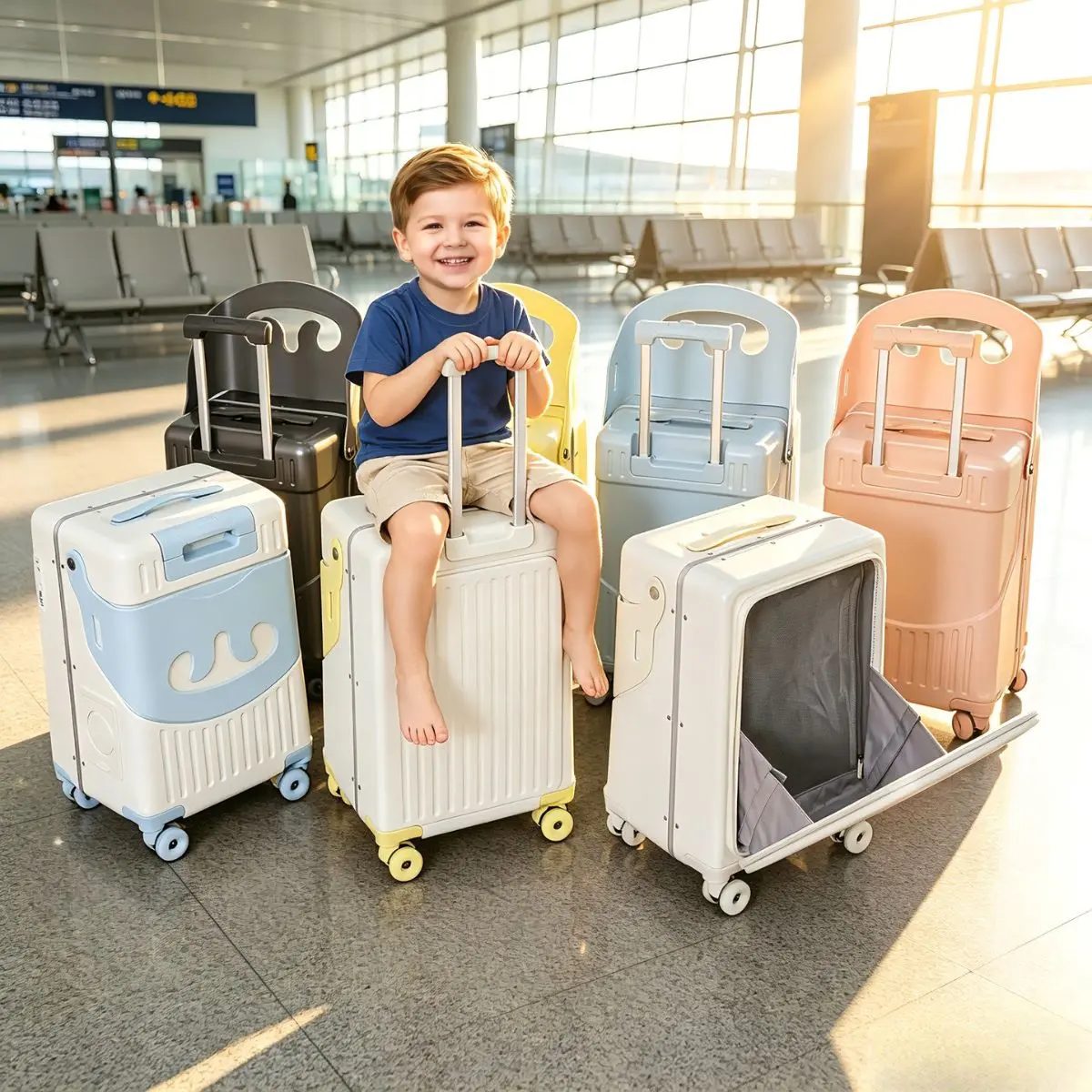 Kids Ride-On Carry-On Luggage（45L）, Must-Have Rolling Suitcase for Moms Traveling with Kids, Summer Travel Essential for Parents, 360° Spinner Wheels, Built-in Kids Seat & Backrest, Safety Buckle, Combination Lock, Cup Holder