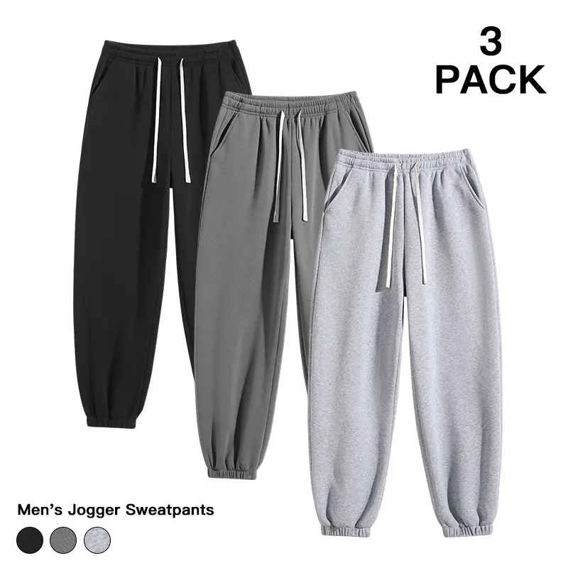 Men's 3-Pack Drawstring Styled Cuffed Sweats, Unisex Stretchy Streetwear & Loungewear Bottoms, Sweatpants for Women