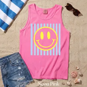 Comfort Colors Smiley Face Tank Top, Bright Salmon Retro Striped Smile Tank, Distressed Yellow Smiley Vintage Graphic Tee, Fun Summer Beach Casual Top