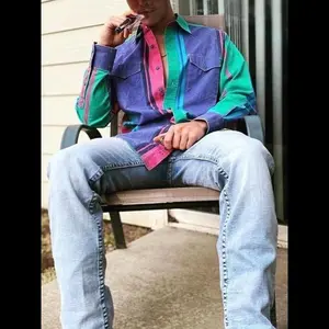 2025 Western Cowboy Men's Shirts Blouses Striped Casual Button Down Long Sleeve Shirt Tops With Pockets Menswear Classic Stylish Small