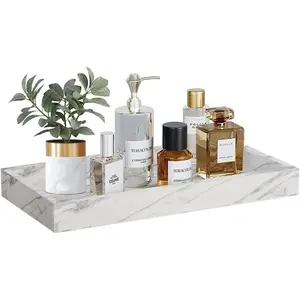 Countertop Organizer Tray, Elegant Cosmetic Counter Tray,Waterproof Bamboo Holder Tray for Jewelry Perfume Candle Small Plant Home Decor, Marble White (13.5X 5.7in)