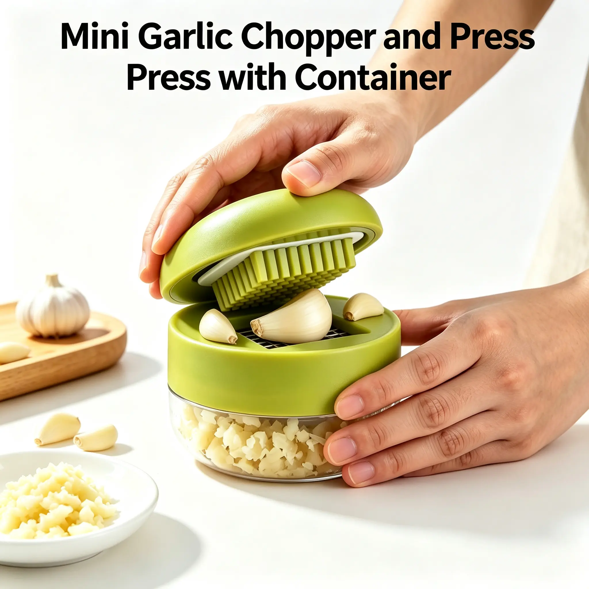 Mini Garlic Chopper Press with Transparent Container, Stainless Steel Blade Manual Garlic Mincer Crusher Dicer, Multifunctional Handheld Kitchen Gadget, No Electricity Easy Quick Garlic Prep Tool