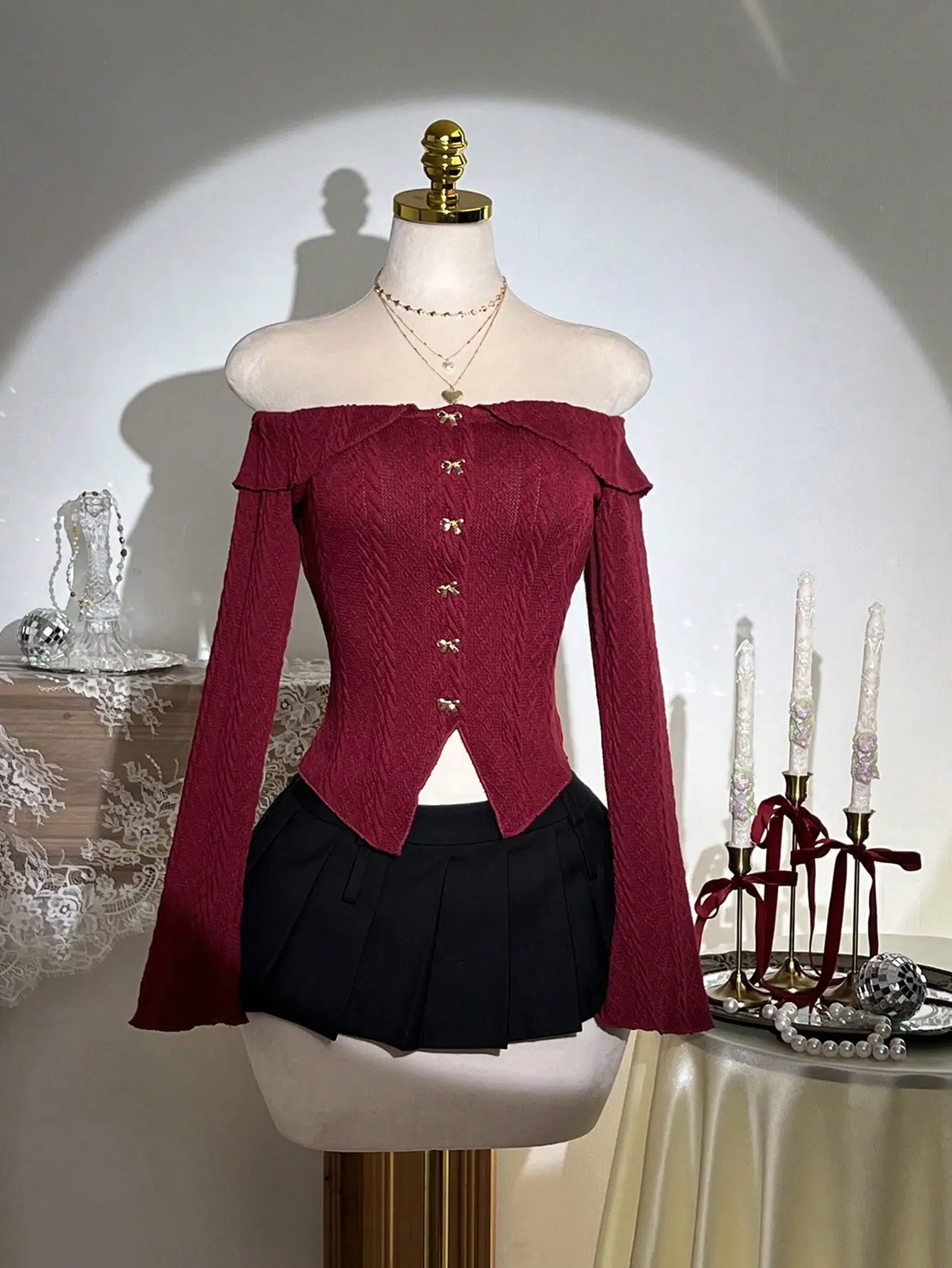 Women's Burgundy Cable Knit Sweater, Long Sleeve Butterfly Button Cardigan, Elegant Winter Christmas Top, Cozy Casual Dinner Date & Office Fashion