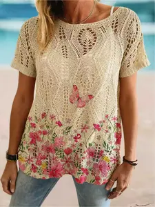 Spring and summer style, a bow collar diamond hollow bat shoulder short sleeve loose, contrast color butterfly flower print short sleeve lady print knit blouse, holiday style, casual and elegant commuting, women's vest blouse, bikini blouse, Floral