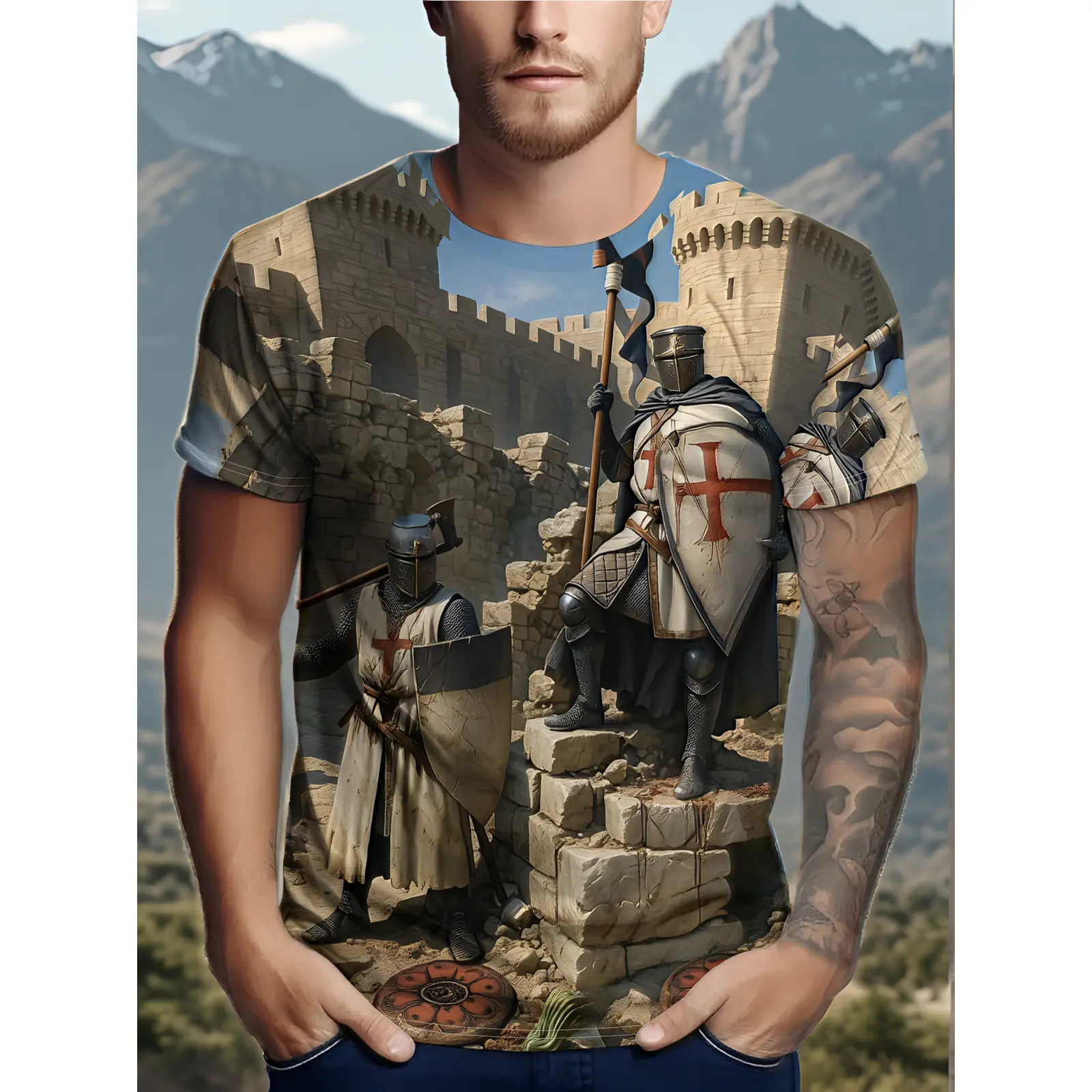 T-Shirt Printed Medieval Knight And Castle, Armor Shield Cross, Retro Battle Style