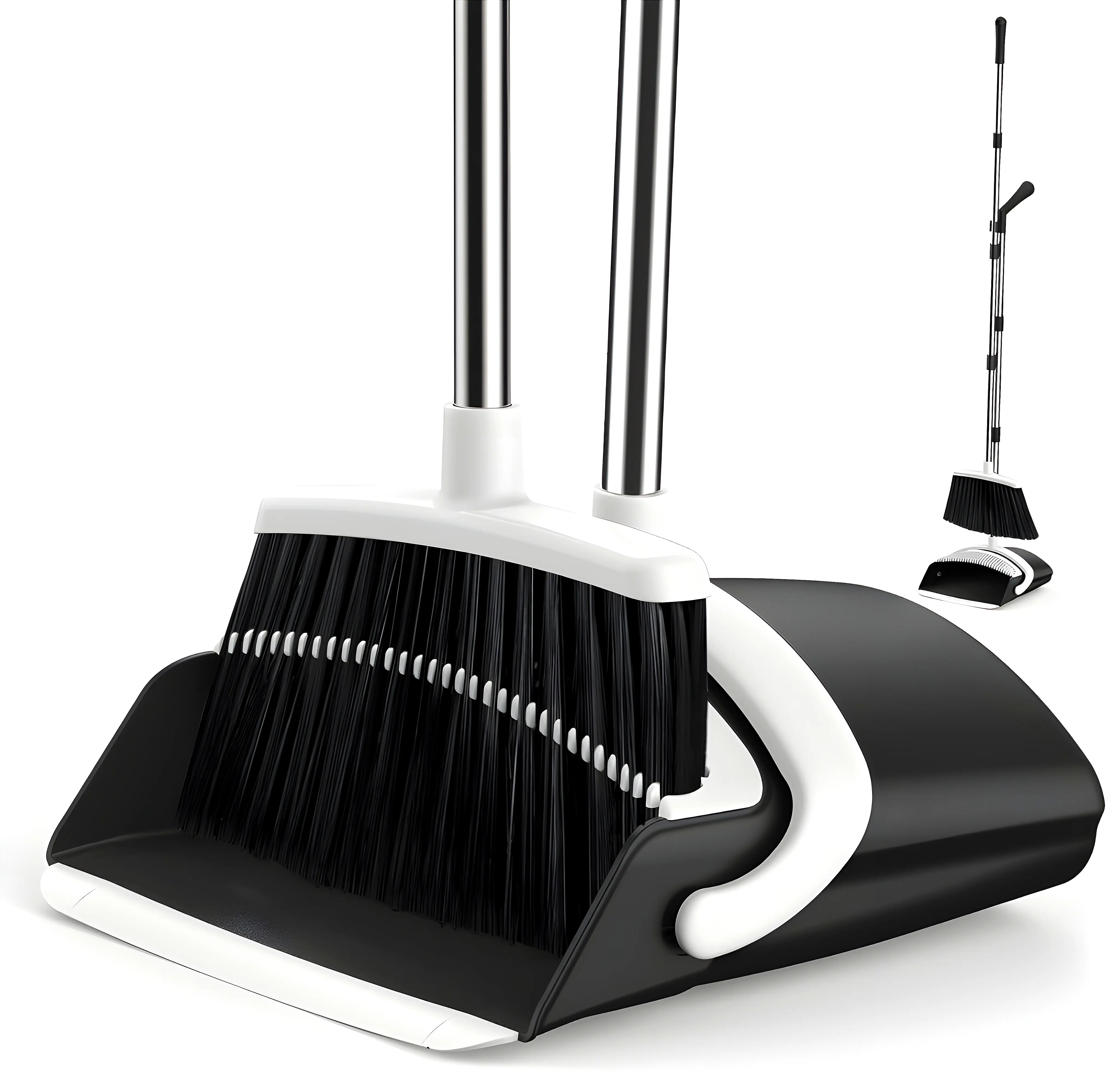 Broom and Dustpan Set for Home, 51-in Long Adjustable Handle Angle Broom and Dustpan Combo Set with Dust Pan Teeth to Clean Hair for Home Kitchen Office Lobby Floor Garden (Black&White)  Sweep broom and dustpan set, long handle broom cleaning essentials 1