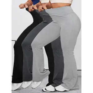 3pcs High Waist Plus Size Women's Sports Leggings, Flared Long Pants in Solid Color, Elasticity for Outdoor Leisure Running