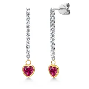 Gem Stone King 14K Two Tone Gold Gemstone Birthstone and Lab Grown Diamond Long Liner Chain Dangle Earrings for Women | Heart Shape 5MM and Round 1.5MM Accents | Gold Chain Drop Earrings