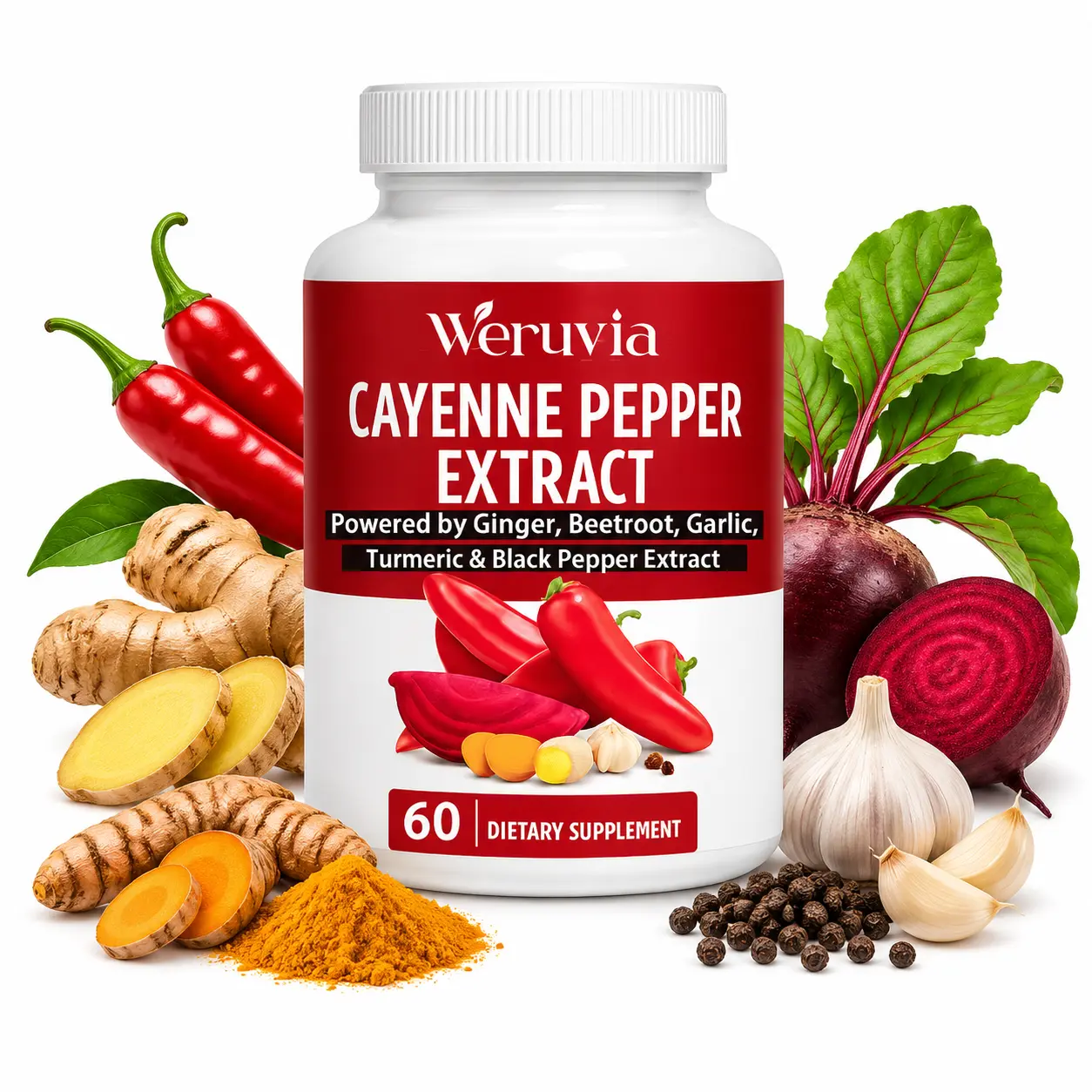Cayenne Pepper Extract Supplement, Powered by Ginger, Beetroot, Garlic, Turmeric & Black Pepper Extract, Herbal Wellness Formula for Daily Metabolism & Circulation Support, 60 Capsules
