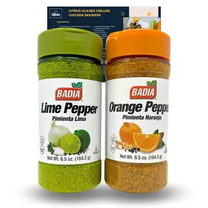 Badia Lime & Orange Citrus Pepper Bundle - Lime Pepper and Orange Pepper Seasoning Set - 6.5 Oz Each - Qbin Recipe Card - Premium Handcrafted Blends with Tangy Lemon Zest and Fragrant Orange Essence - Elevate Your Dishes with Vibrant Flavors Spice Spicy