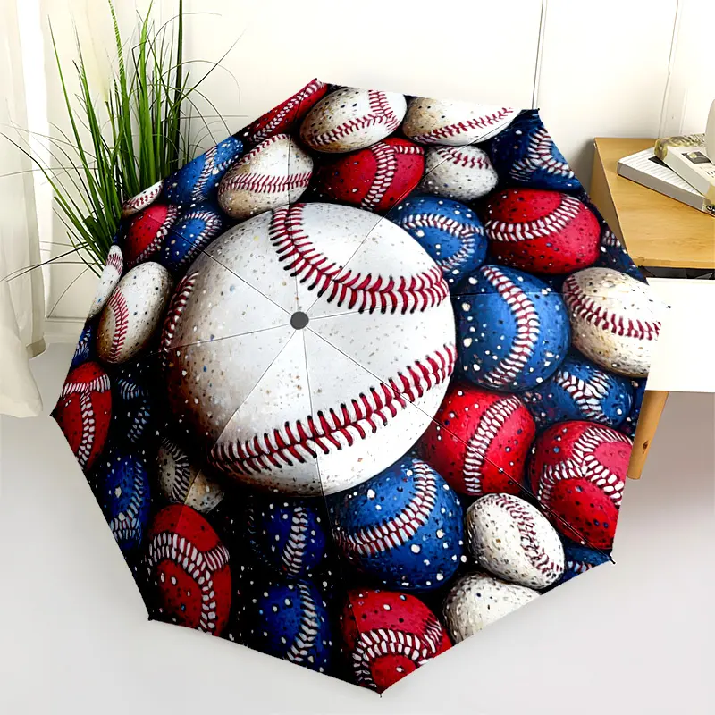 1 PC Automatic Folding Umbrella - Baseball Sports Ball Pattern Pattern, Portable & Foldable Design with 8 Ribs, Merry Christmas Pattern,Casual Outdoor Accessory Halloween and Christmas Birthday Gifts. E0052