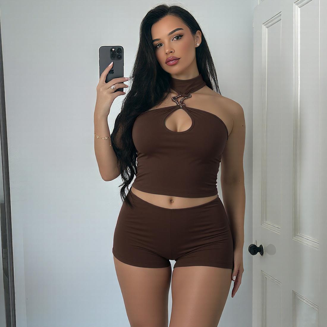 2026 Summer New Style Sexy Hollow Out Halter Neck Tank Top Slim Fit Shorts Two-Piece Women's Outfit in Milk Silk Fabric - Casual