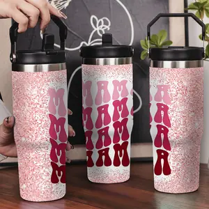 MAMA Retro Pink Glitter Tumbler - Water Bottle Gift for Mothers Day, Birthday, Anniversary - Stainless Steel Travel Coffee Mug for Women, Wife, Grandma - Best Gift Ideas for Her