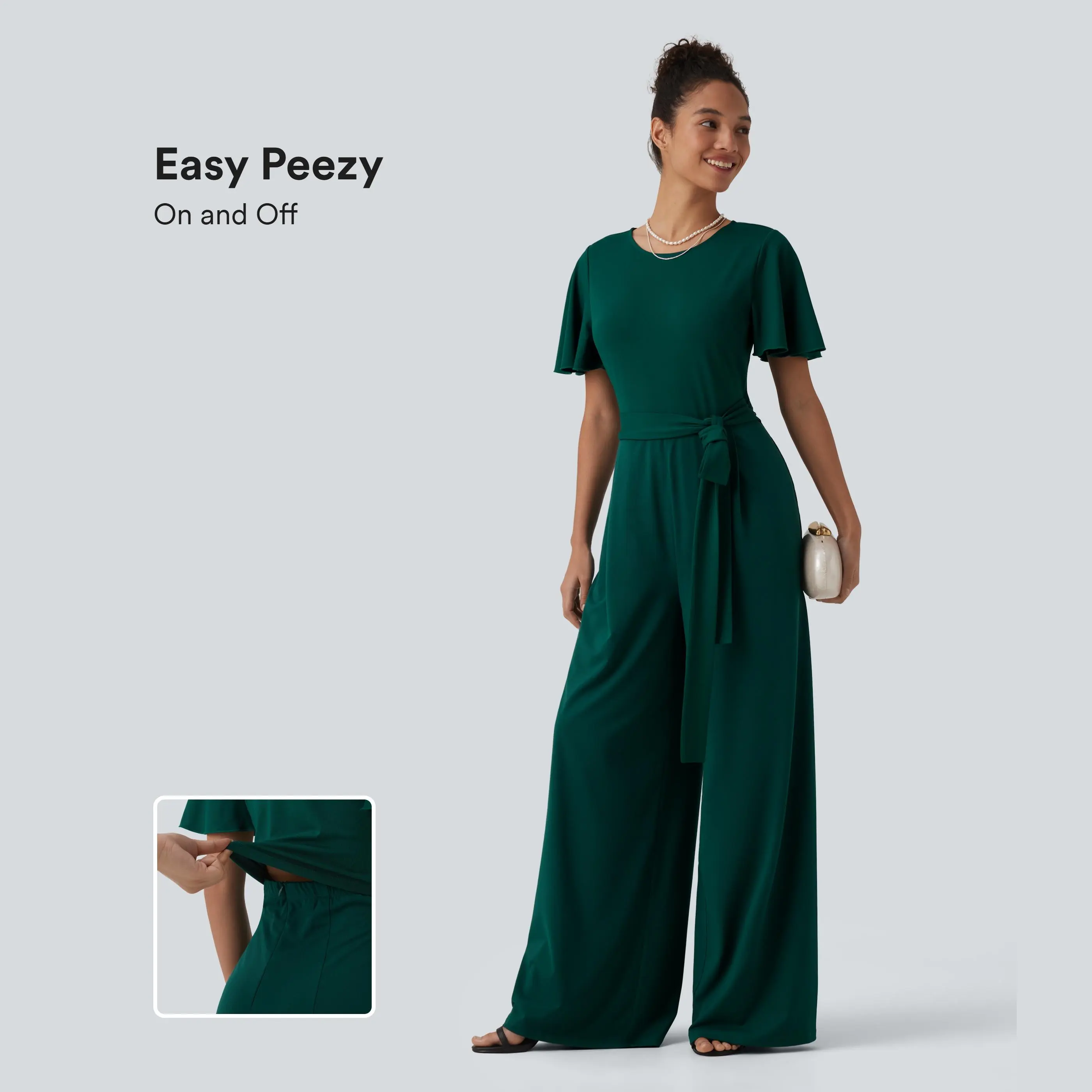 Halara Round Neck Short Sleeve Tie Front Wide Leg Jumpsuit with Pockets-Easy Peezy Edition