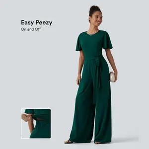 Halara Round Neck Short Sleeve Tie Front Wide Leg Jumpsuit with Pockets-Easy Peezy Edition