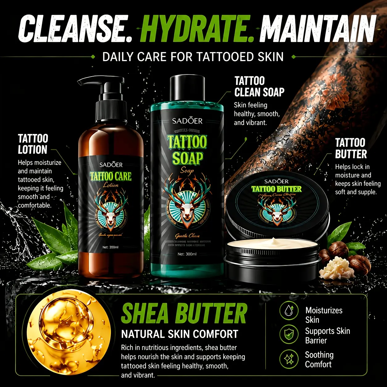 Tattoo Kit, Vibrant Colors, Moisturizing and Nourishing, Gentle Care, Includes 40g Aftercare Cream, 9.46oz Brightening Moisturizer and 10.14oz Cleansing Mousse, Ideal for Beginner Tattoos, A Top Choice for Beginners and Artists