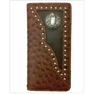 Men's Virgin Mary Western Bifold Wallet Brown Ostrich Checkbook Style
