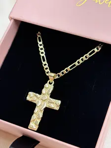 14K Gold Plated Nugget Cross Pendant for Women & Men - Figaro Chain 22"